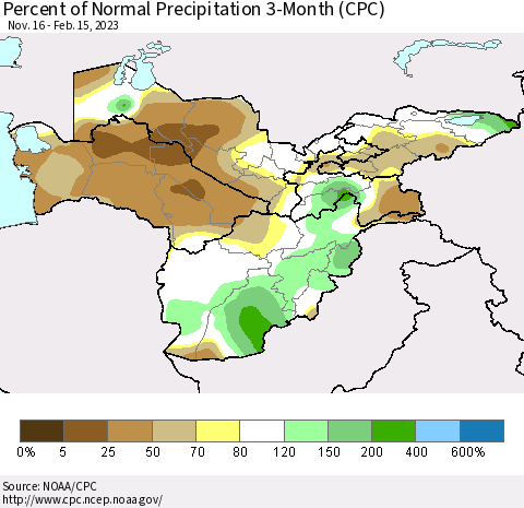 Central Asia Percent of Normal Precipitation 3-Month (CPC) Thematic Map For 11/16/2022 - 2/15/2023