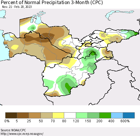 Central Asia Percent of Normal Precipitation 3-Month (CPC) Thematic Map For 11/21/2022 - 2/20/2023