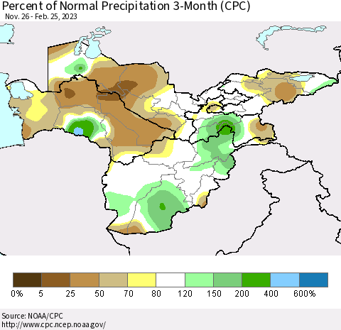 Central Asia Percent of Normal Precipitation 3-Month (CPC) Thematic Map For 11/26/2022 - 2/25/2023