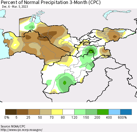 Central Asia Percent of Normal Precipitation 3-Month (CPC) Thematic Map For 12/6/2022 - 3/5/2023