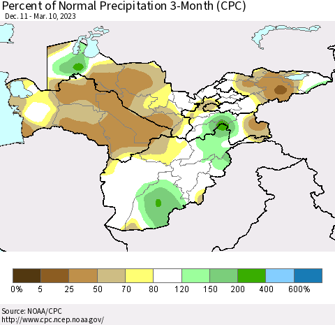 Central Asia Percent of Normal Precipitation 3-Month (CPC) Thematic Map For 12/11/2022 - 3/10/2023