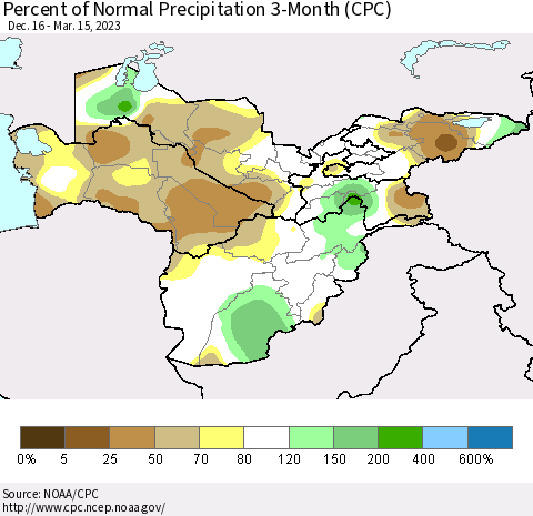 Central Asia Percent of Normal Precipitation 3-Month (CPC) Thematic Map For 12/16/2022 - 3/15/2023