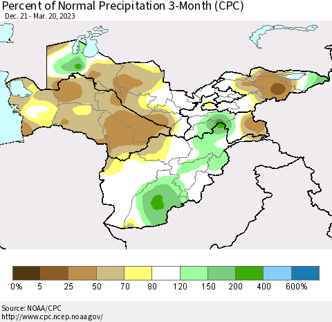 Central Asia Percent of Normal Precipitation 3-Month (CPC) Thematic Map For 12/21/2022 - 3/20/2023