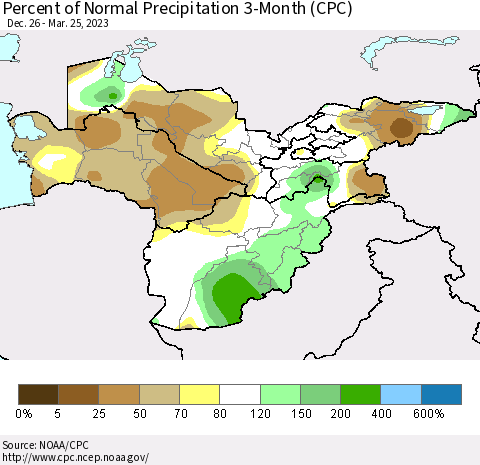 Central Asia Percent of Normal Precipitation 3-Month (CPC) Thematic Map For 12/26/2022 - 3/25/2023