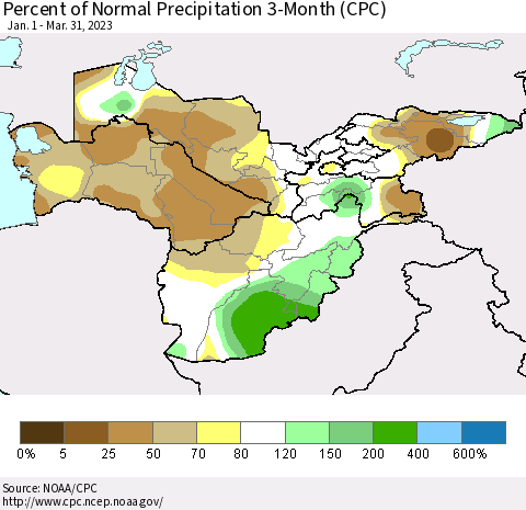 Central Asia Percent of Normal Precipitation 3-Month (CPC) Thematic Map For 1/1/2023 - 3/31/2023