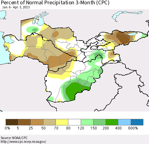 Central Asia Percent of Normal Precipitation 3-Month (CPC) Thematic Map For 1/6/2023 - 4/5/2023