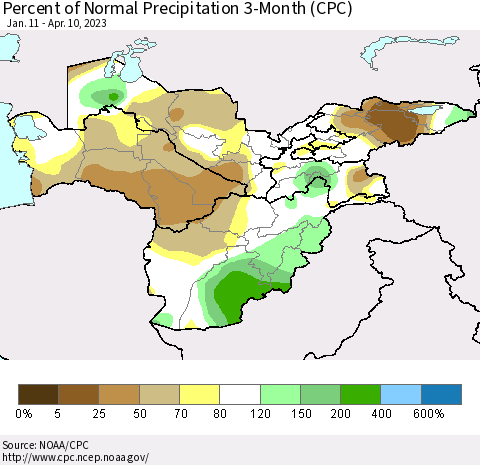 Central Asia Percent of Normal Precipitation 3-Month (CPC) Thematic Map For 1/11/2023 - 4/10/2023