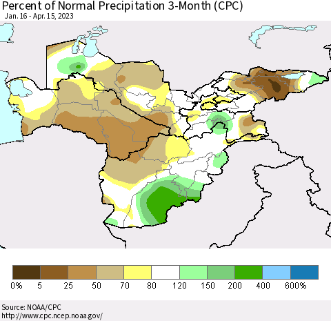 Central Asia Percent of Normal Precipitation 3-Month (CPC) Thematic Map For 1/16/2023 - 4/15/2023
