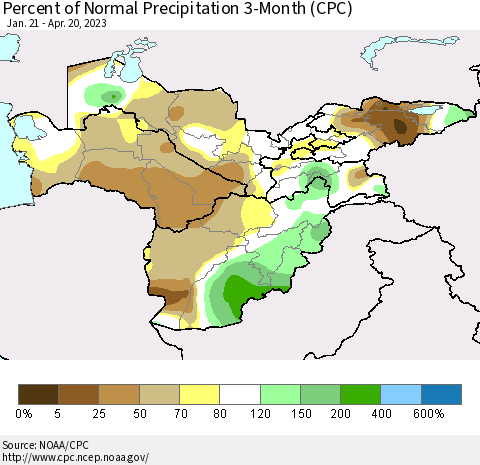 Central Asia Percent of Normal Precipitation 3-Month (CPC) Thematic Map For 1/21/2023 - 4/20/2023