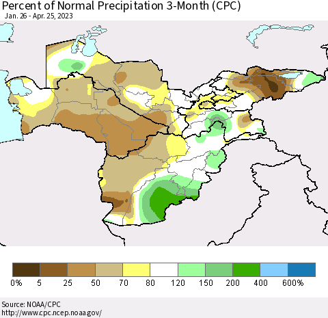 Central Asia Percent of Normal Precipitation 3-Month (CPC) Thematic Map For 1/26/2023 - 4/25/2023