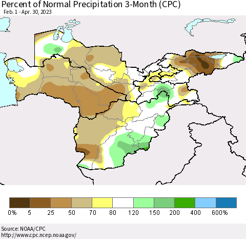 Central Asia Percent of Normal Precipitation 3-Month (CPC) Thematic Map For 2/1/2023 - 4/30/2023