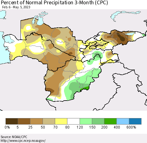 Central Asia Percent of Normal Precipitation 3-Month (CPC) Thematic Map For 2/6/2023 - 5/5/2023