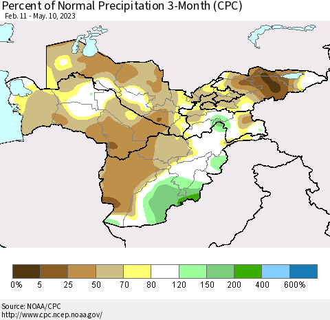 Central Asia Percent of Normal Precipitation 3-Month (CPC) Thematic Map For 2/11/2023 - 5/10/2023