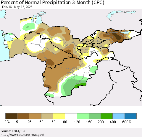 Central Asia Percent of Normal Precipitation 3-Month (CPC) Thematic Map For 2/16/2023 - 5/15/2023