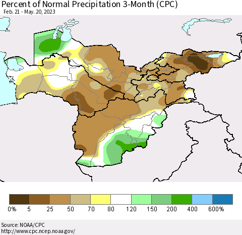 Central Asia Percent of Normal Precipitation 3-Month (CPC) Thematic Map For 2/21/2023 - 5/20/2023
