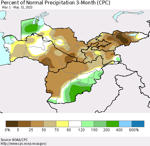 Central Asia Percent of Normal Precipitation 3-Month (CPC) Thematic Map For 3/1/2023 - 5/31/2023