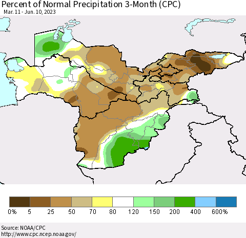Central Asia Percent of Normal Precipitation 3-Month (CPC) Thematic Map For 3/11/2023 - 6/10/2023