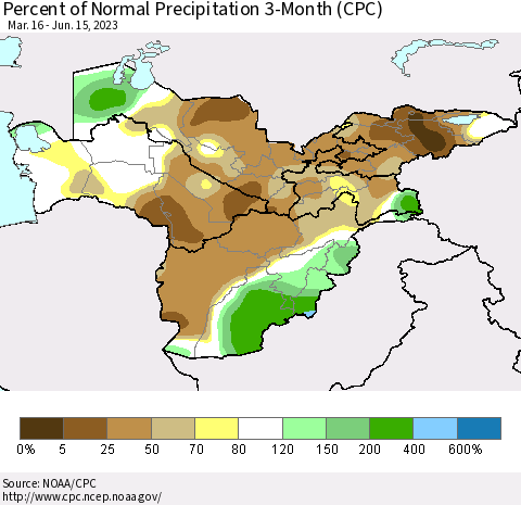 Central Asia Percent of Normal Precipitation 3-Month (CPC) Thematic Map For 3/16/2023 - 6/15/2023