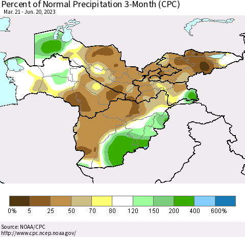 Central Asia Percent of Normal Precipitation 3-Month (CPC) Thematic Map For 3/21/2023 - 6/20/2023
