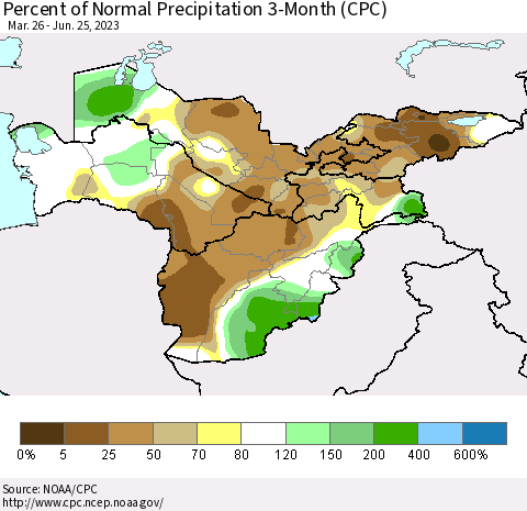 Central Asia Percent of Normal Precipitation 3-Month (CPC) Thematic Map For 3/26/2023 - 6/25/2023