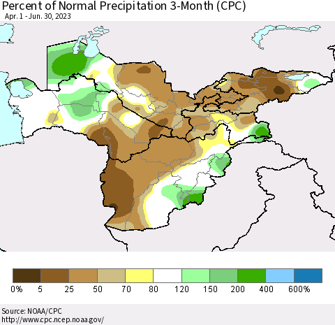 Central Asia Percent of Normal Precipitation 3-Month (CPC) Thematic Map For 4/1/2023 - 6/30/2023