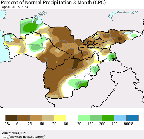 Central Asia Percent of Normal Precipitation 3-Month (CPC) Thematic Map For 4/6/2023 - 7/5/2023