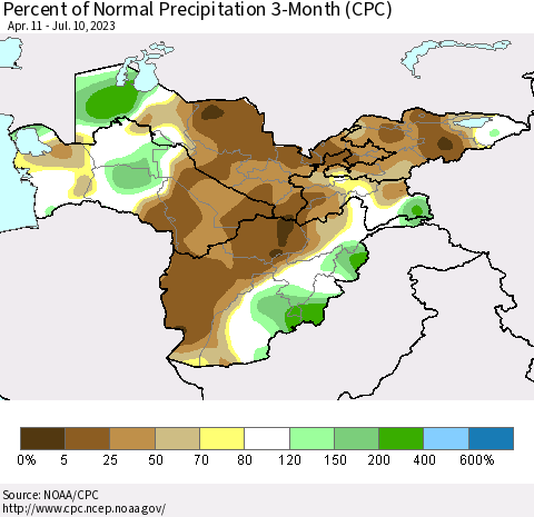 Central Asia Percent of Normal Precipitation 3-Month (CPC) Thematic Map For 4/11/2023 - 7/10/2023
