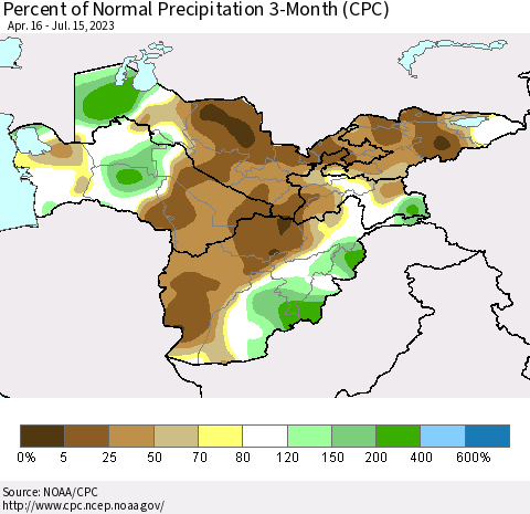 Central Asia Percent of Normal Precipitation 3-Month (CPC) Thematic Map For 4/16/2023 - 7/15/2023
