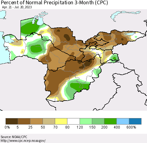 Central Asia Percent of Normal Precipitation 3-Month (CPC) Thematic Map For 4/21/2023 - 7/20/2023