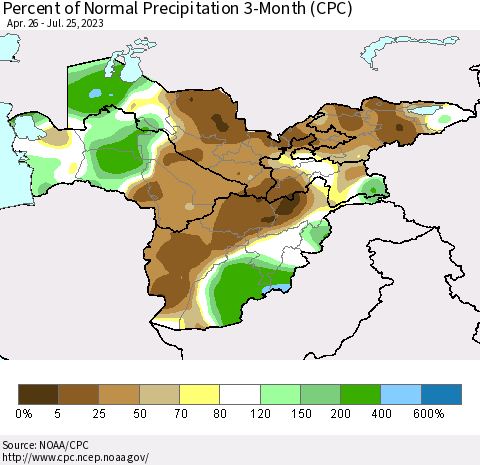 Central Asia Percent of Normal Precipitation 3-Month (CPC) Thematic Map For 4/26/2023 - 7/25/2023