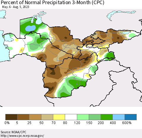 Central Asia Percent of Normal Precipitation 3-Month (CPC) Thematic Map For 5/6/2023 - 8/5/2023