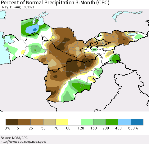 Central Asia Percent of Normal Precipitation 3-Month (CPC) Thematic Map For 5/11/2023 - 8/10/2023