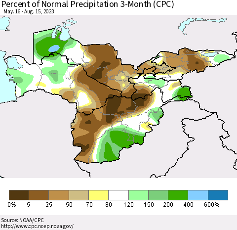 Central Asia Percent of Normal Precipitation 3-Month (CPC) Thematic Map For 5/16/2023 - 8/15/2023