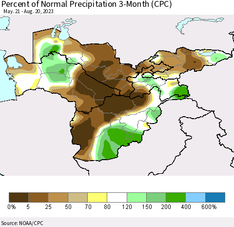 Central Asia Percent of Normal Precipitation 3-Month (CPC) Thematic Map For 5/21/2023 - 8/20/2023