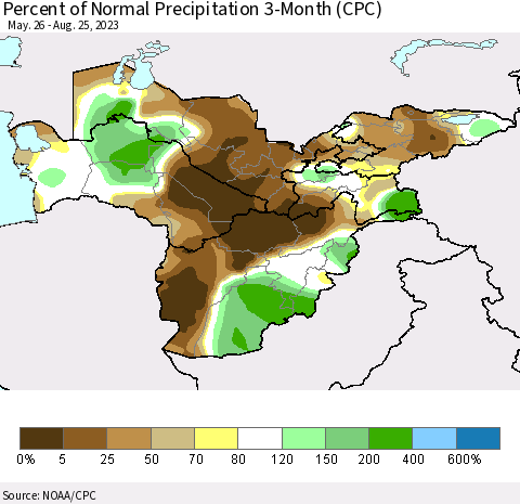 Central Asia Percent of Normal Precipitation 3-Month (CPC) Thematic Map For 5/26/2023 - 8/25/2023