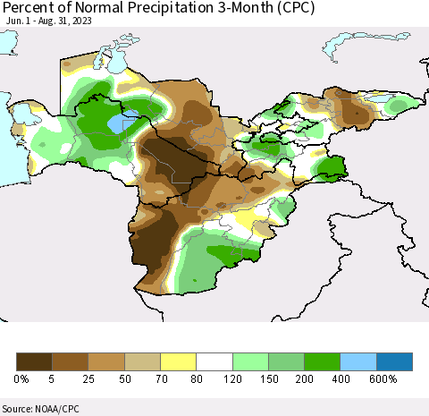 Central Asia Percent of Normal Precipitation 3-Month (CPC) Thematic Map For 6/1/2023 - 8/31/2023