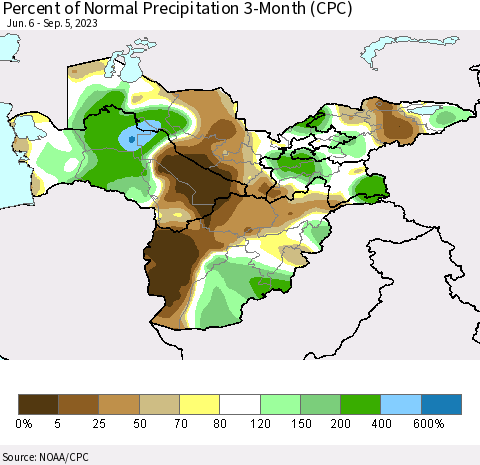 Central Asia Percent of Normal Precipitation 3-Month (CPC) Thematic Map For 6/6/2023 - 9/5/2023