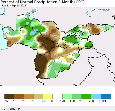 Central Asia Percent of Normal Precipitation 3-Month (CPC) Thematic Map For 6/11/2023 - 9/10/2023