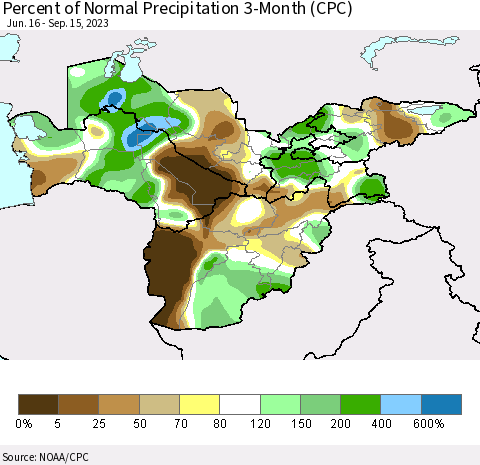 Central Asia Percent of Normal Precipitation 3-Month (CPC) Thematic Map For 6/16/2023 - 9/15/2023