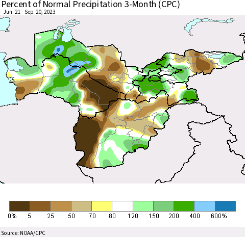 Central Asia Percent of Normal Precipitation 3-Month (CPC) Thematic Map For 6/21/2023 - 9/20/2023