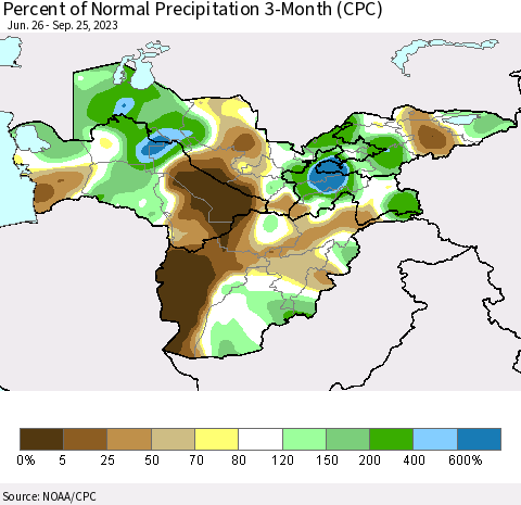 Central Asia Percent of Normal Precipitation 3-Month (CPC) Thematic Map For 6/26/2023 - 9/25/2023