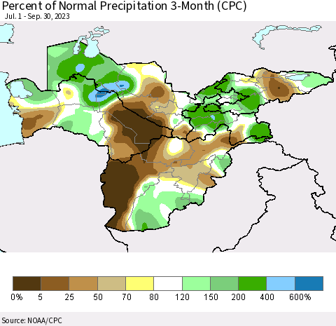 Central Asia Percent of Normal Precipitation 3-Month (CPC) Thematic Map For 7/1/2023 - 9/30/2023