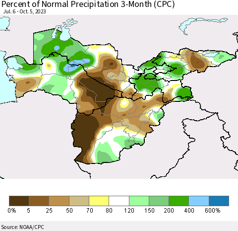 Central Asia Percent of Normal Precipitation 3-Month (CPC) Thematic Map For 7/6/2023 - 10/5/2023