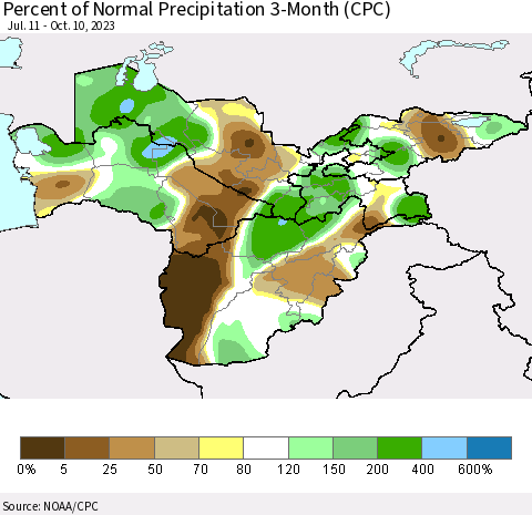 Central Asia Percent of Normal Precipitation 3-Month (CPC) Thematic Map For 7/11/2023 - 10/10/2023