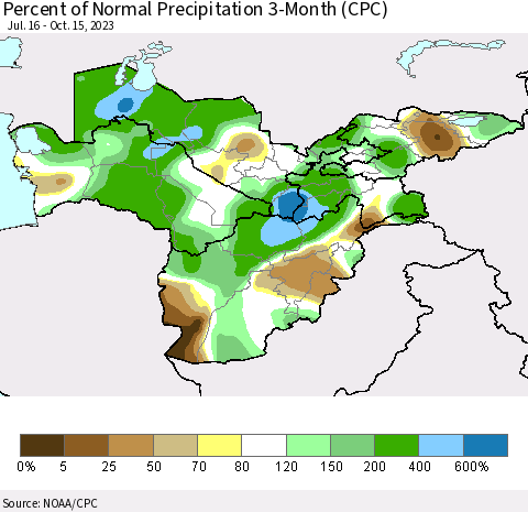 Central Asia Percent of Normal Precipitation 3-Month (CPC) Thematic Map For 7/16/2023 - 10/15/2023
