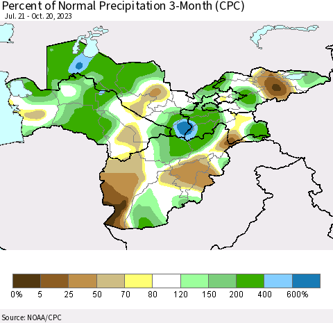Central Asia Percent of Normal Precipitation 3-Month (CPC) Thematic Map For 7/21/2023 - 10/20/2023