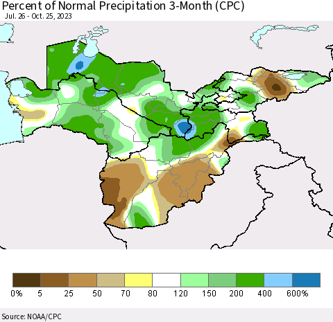 Central Asia Percent of Normal Precipitation 3-Month (CPC) Thematic Map For 7/26/2023 - 10/25/2023