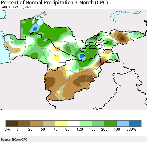 Central Asia Percent of Normal Precipitation 3-Month (CPC) Thematic Map For 8/1/2023 - 10/31/2023