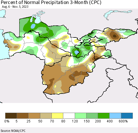 Central Asia Percent of Normal Precipitation 3-Month (CPC) Thematic Map For 8/6/2023 - 11/5/2023