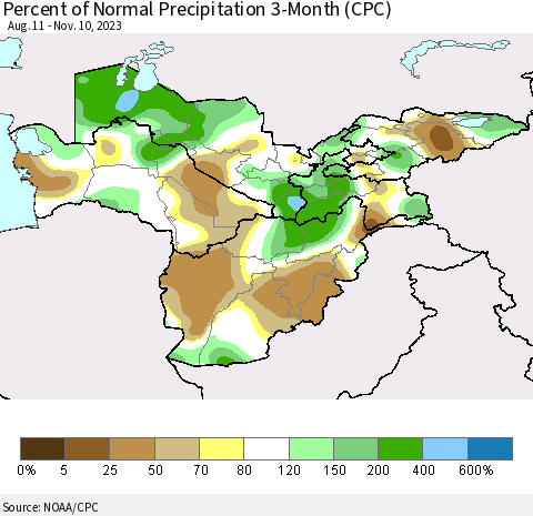 Central Asia Percent of Normal Precipitation 3-Month (CPC) Thematic Map For 8/11/2023 - 11/10/2023